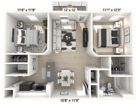 Floor plan for 2 beds, 1 bath, 872 sqft